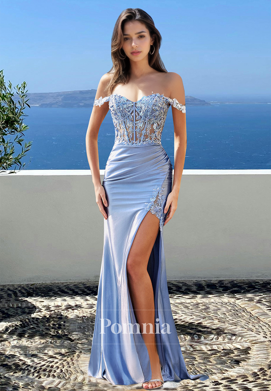 Sheath Sweetheart Cap Sleeves Prom Dress with Slit Ruched Corset Tulle Evening Party Dress