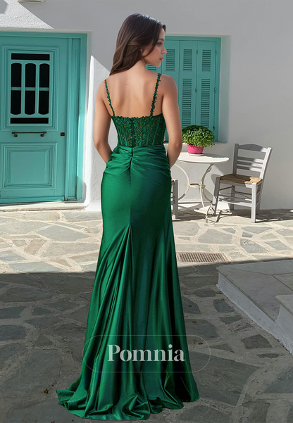 Dark Green Spaghetti Straps Scoop Prom Dress with Slit Ruched Appliques Evening Party Dress