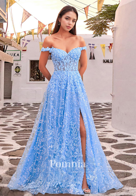 Sky Blue Sweetheart Cap Sleeves Prom Dress with Slit Appliques Corset Evening Party Dress