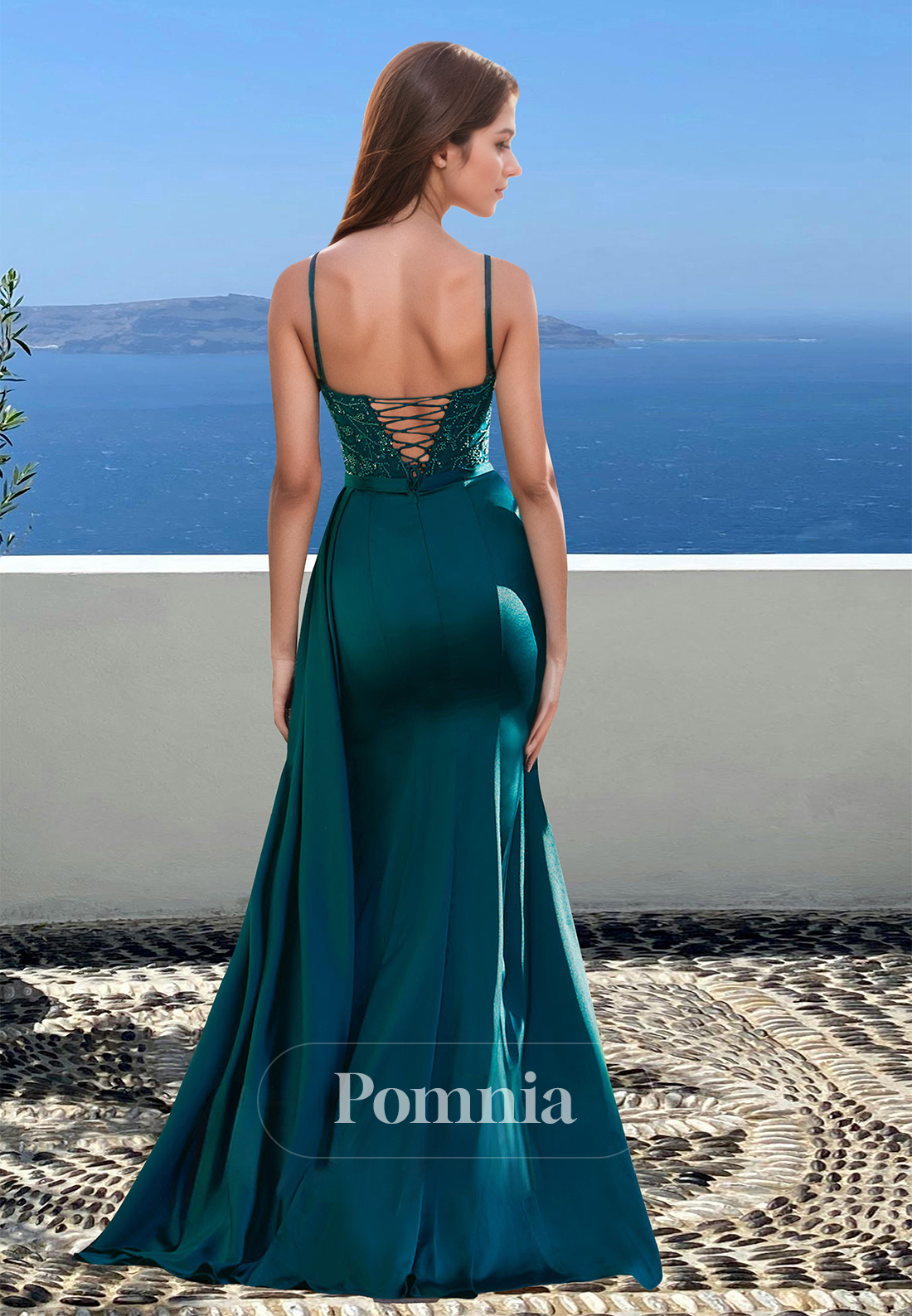 Peacock Spaghetti Straps Sweetheart Prom Dress with Slit Ruched Evening Party Dress