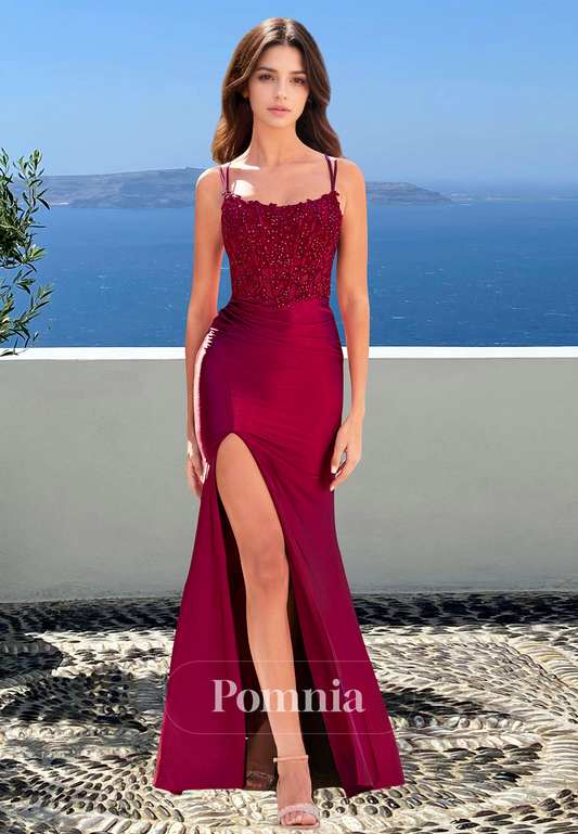 Mulberry Sheath Spaghetti Straps Scoop Prom Dress with Slit Sequins Evening Party Dress