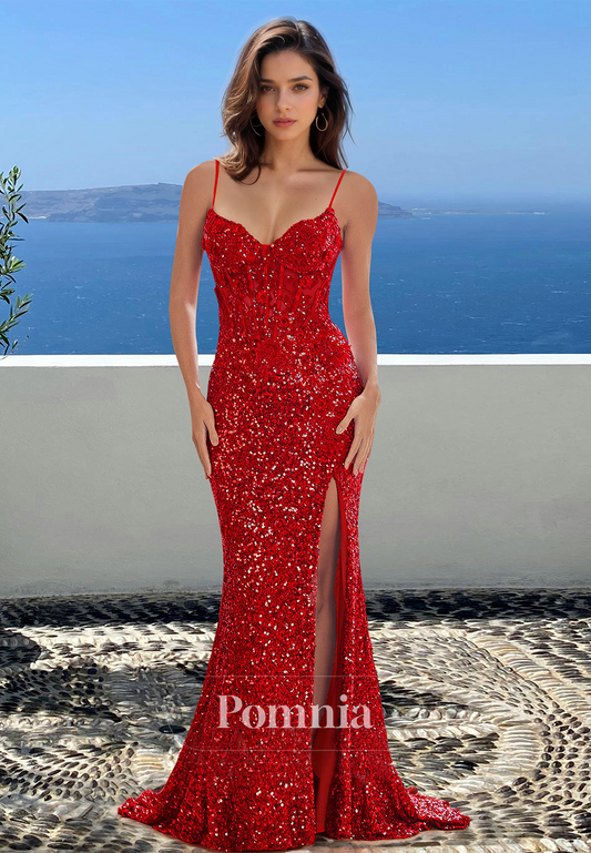 Red Spaghetti Straps Sweetheart Prom Dress with Sequins Slit Evening Party Dress