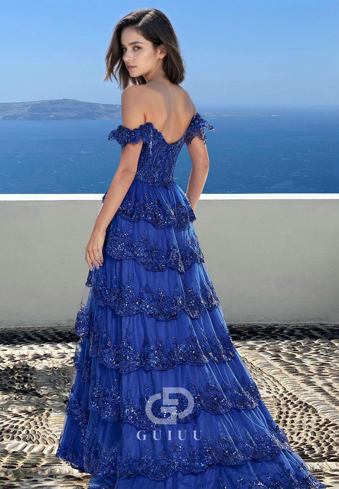 Royal Blue A-Line Off-Shoulder Prom Dress with Slit Ruffles Sequins Evening Party Dress