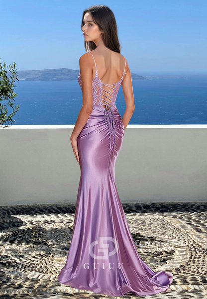 Lilac Spaghetti Straps V-Neck Illusion Corset Tulle Floor-Length Prom Party Dress