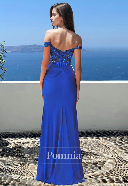 Sheath Off-Shoulder Cap Sleeves Prom Dress with Sequins Slit Evening Party Dress