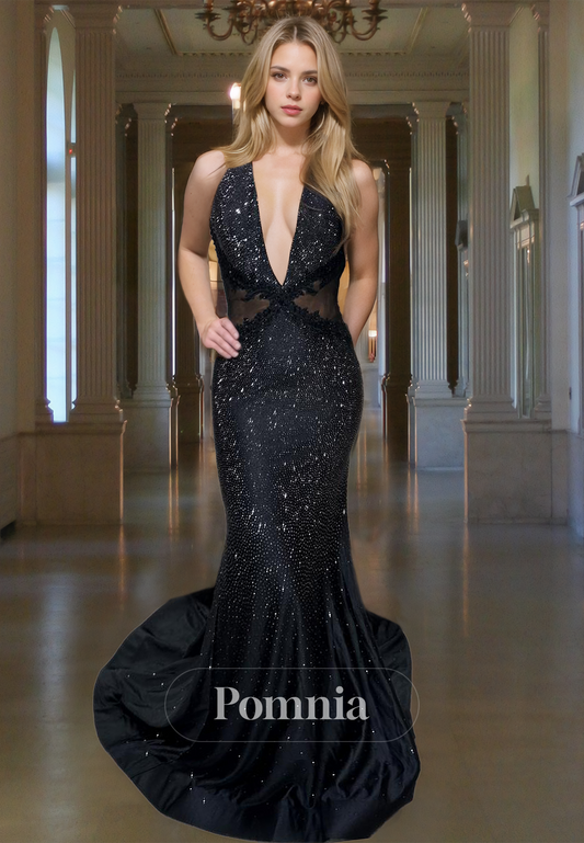 Black Deep V-Neck Halter Prom Dress with Sequins Illusion Corset Evening Party Dress