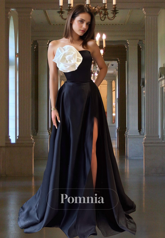 Black A-Line Sleeveless Strapless Prom Dress with Slit Appliques Evening Party Dress