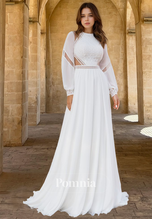 Simple Scoop Long Sleeves Illusion Corset Backless Empire-Waist Boho Wedding Dress