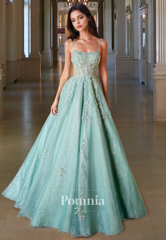 Charming Spaghetti Straps Scoop Prom Dress with Appliques Corset Tulle Lace-Up Back Evening Party Dress