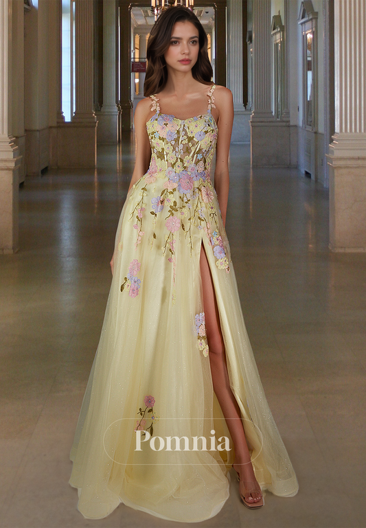 Daffodil A-Line Spaghetti Straps Scoop Prom Dress with Slit Floral Appliques Evening Party Dress