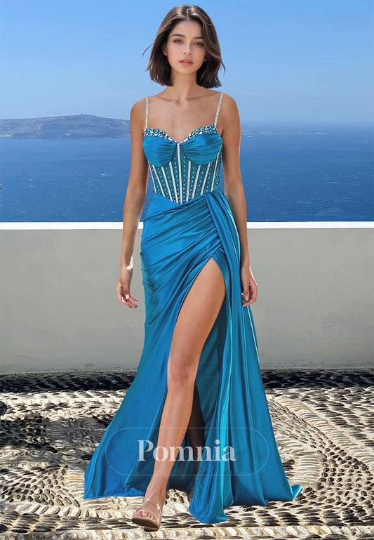 Sheath Spaghetti Straps Sweetheart Prom Dress with Slit Ruched Evening Party Dress