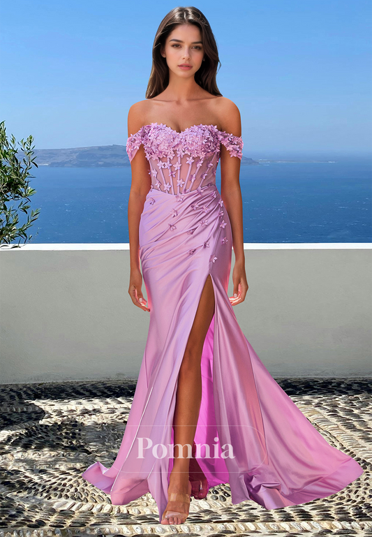 Lilac Off-Shoulder Sleeveless Floral Appliques Pleated Sheath Prom Dress