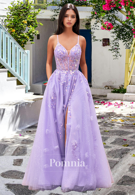 Lilac Spaghetti Straps Sweetheart Prom Dress with Slit Backless Corset Evening Party Dress
