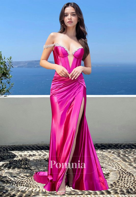 Fuchsia Sheath V-Neck Sleeveless Prom Dress with Slit Ruched Floor-Length Evneing Party Dress