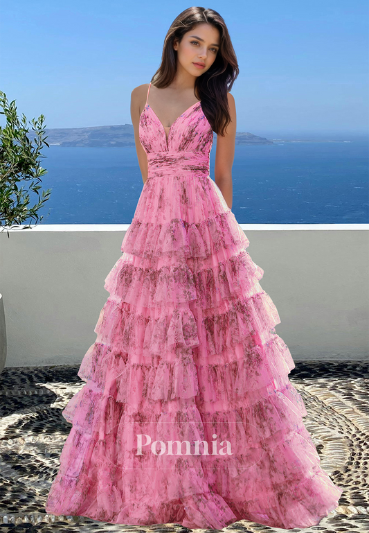 Chic A-Line Spaghetti Straps V-Neck Prom Dress with Ruffles Empire-Waist Evening Party Dress