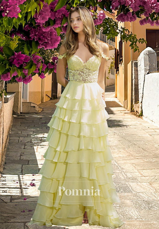 Daffodil A-Line Sweetheart Spaghetti Straps Prom Dress with Appliques Tiered Evening Party Dress