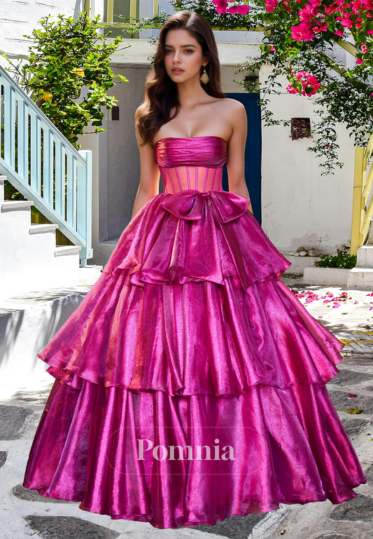Fuchsia A-Line Strapless Sleeveless Prom Dress with Train Corset Evening Party Dress