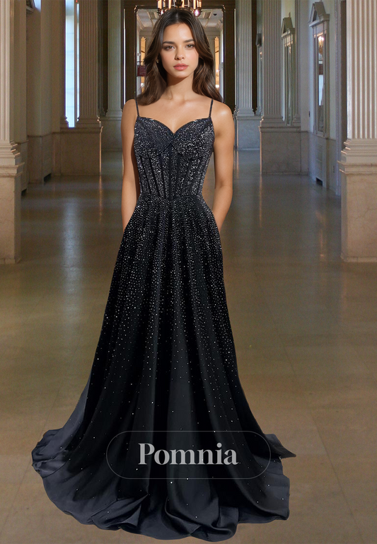 Black A-Line Spaghetti Straps Sweetheart Prom Dress with Sequins Backless Evening Party Dress