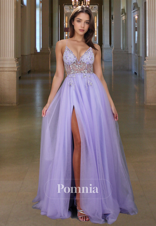 Charming A-Line Spaghetti Straps V-Neck Prom Dress with Slit Sequins Evening Party Dress