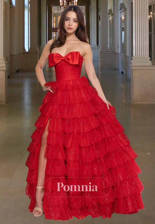 Charming A-Line Strapless Sleeveless Prom Dress with Slit Ruffles Evening Party Dress