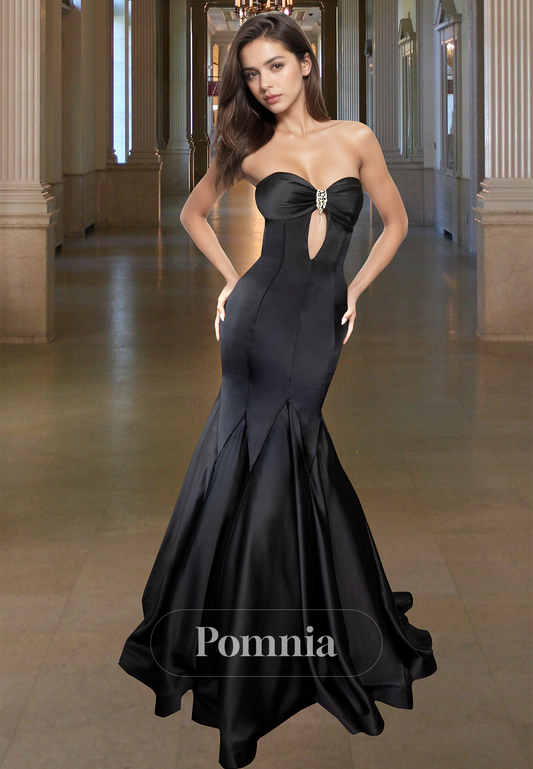 Mermaid Sleeveless Strapless Prom Dress with Train Ruched Evening Party Dress