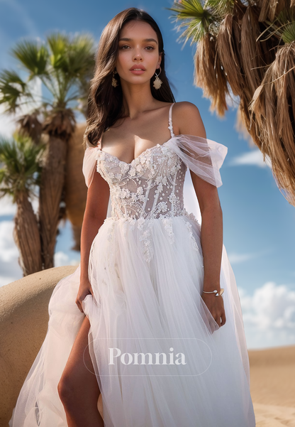 A-Line Spaghetti Straps Sweetheart Corset Tulle Appliques Lace Wedding Dress