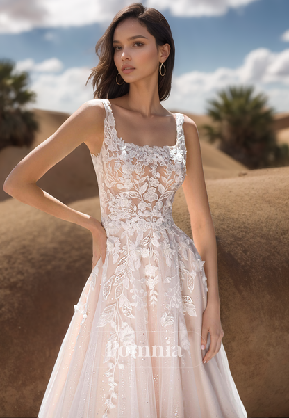 Charming A-Line Spaghetti Straps Square Corset Tulle Lace Wedding Dress