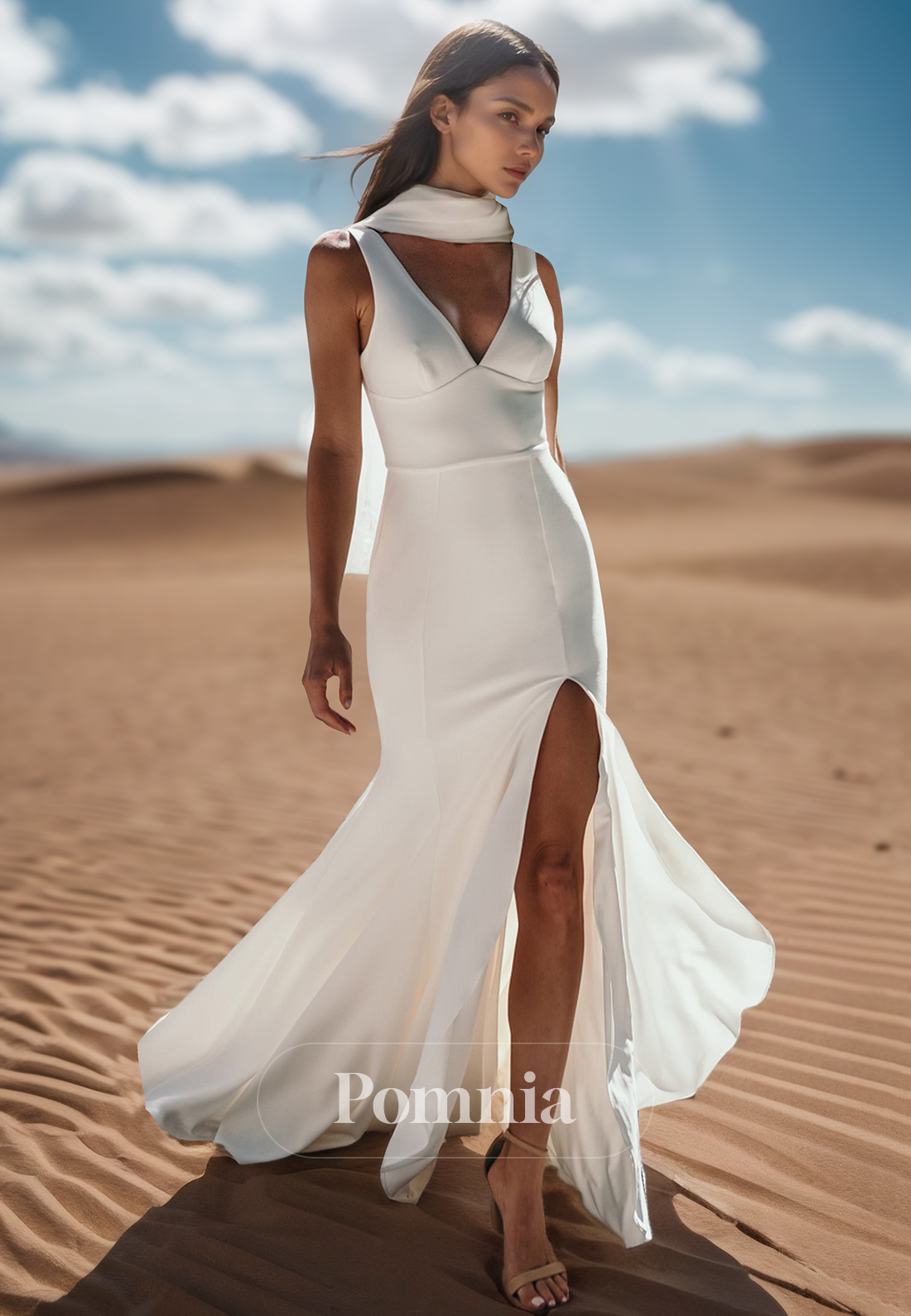 Sheath Spaghetti Straps V-Neck Slit Beach Wedding Dress