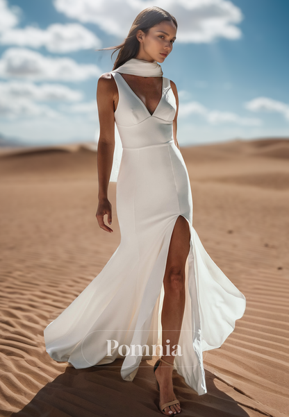 Sheath Spaghetti Straps V-Neck Slit Beach Wedding Dress