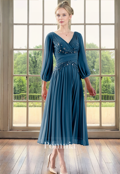 A-Line V-Neck Long Sleeves Empire-Waist Pleated Mother of Bride Dress