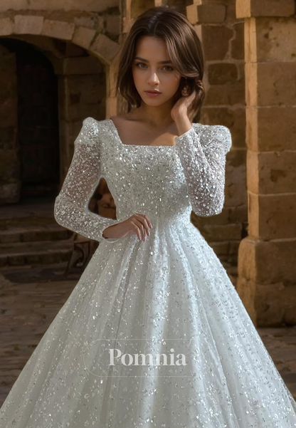 A-Line Square Long Sleeves Empire-Waist Glitter Long Beach Wedding Dress