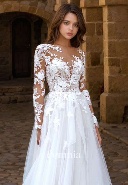 P3138 - A-Line Empire-Waist Lace Appliques Long Sleeves Tulle Bohemian Wedding Dress