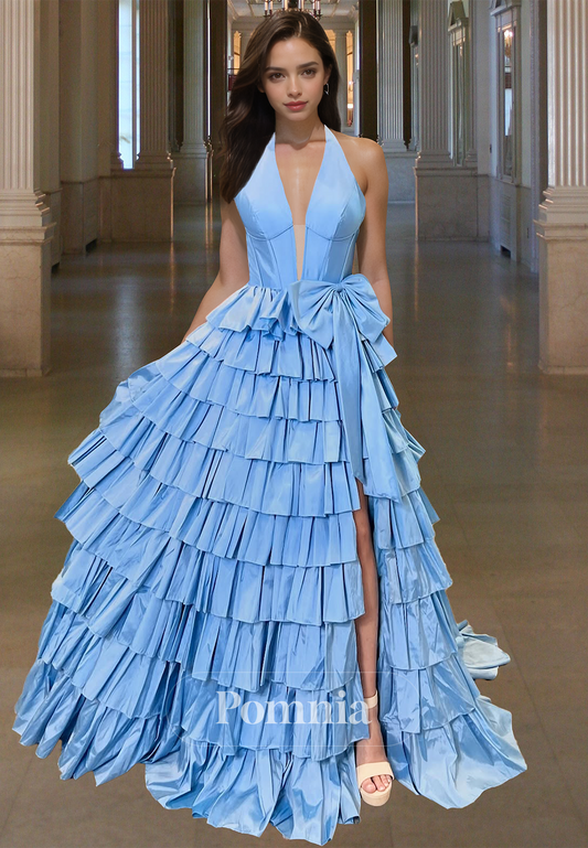 Simple A-Line Halter Sleeveless Prom Dress with Slit Ruffles Bowknot Evening Party Dress