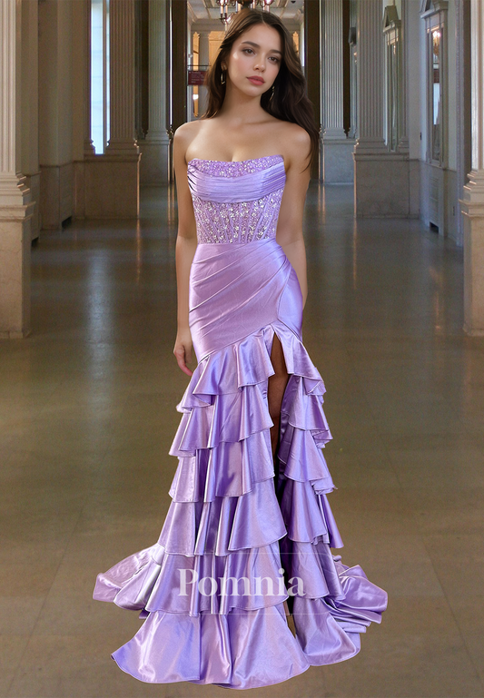 Sheath Strapless Sleeveless Prom Dress with Slit Sequins Evening Party Dress