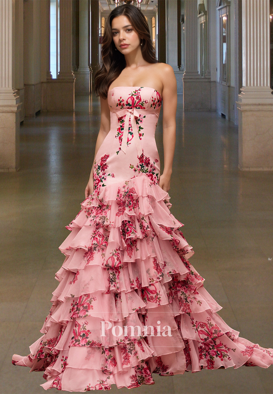 Chic A-Line Sleeveless Strapless Prom Dress with Ruffles Appliques Evening Party Dress
