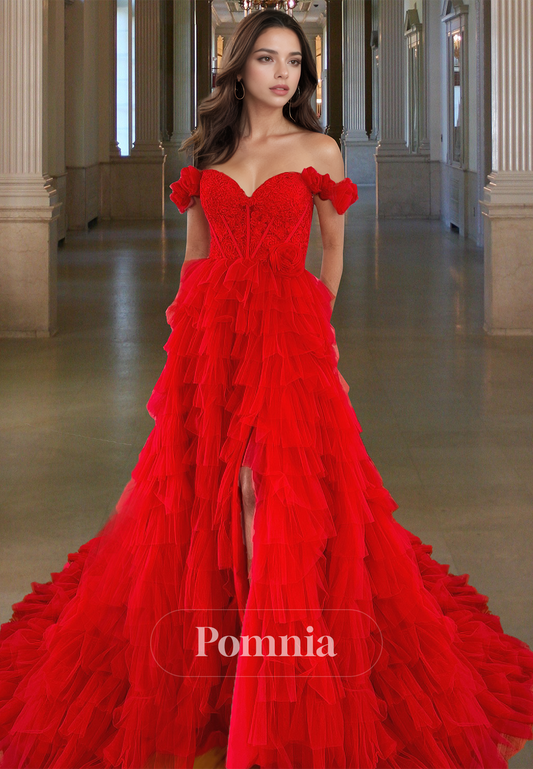 Red A-Line Off-Shoulder Backless Prom Dress with Train Empire-Waist Evening Party Dress