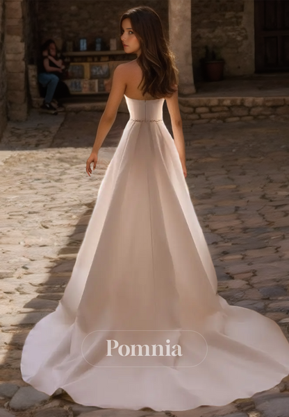 Charming Strapless Sleeveless Court Train Side Slit Satin Wedding Dress