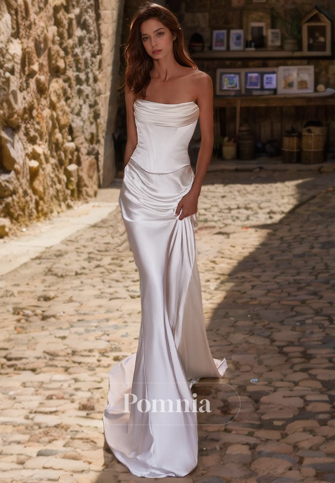 Simple Strapless Sleeveless Ruched Satin Mermaid Wedding Dress