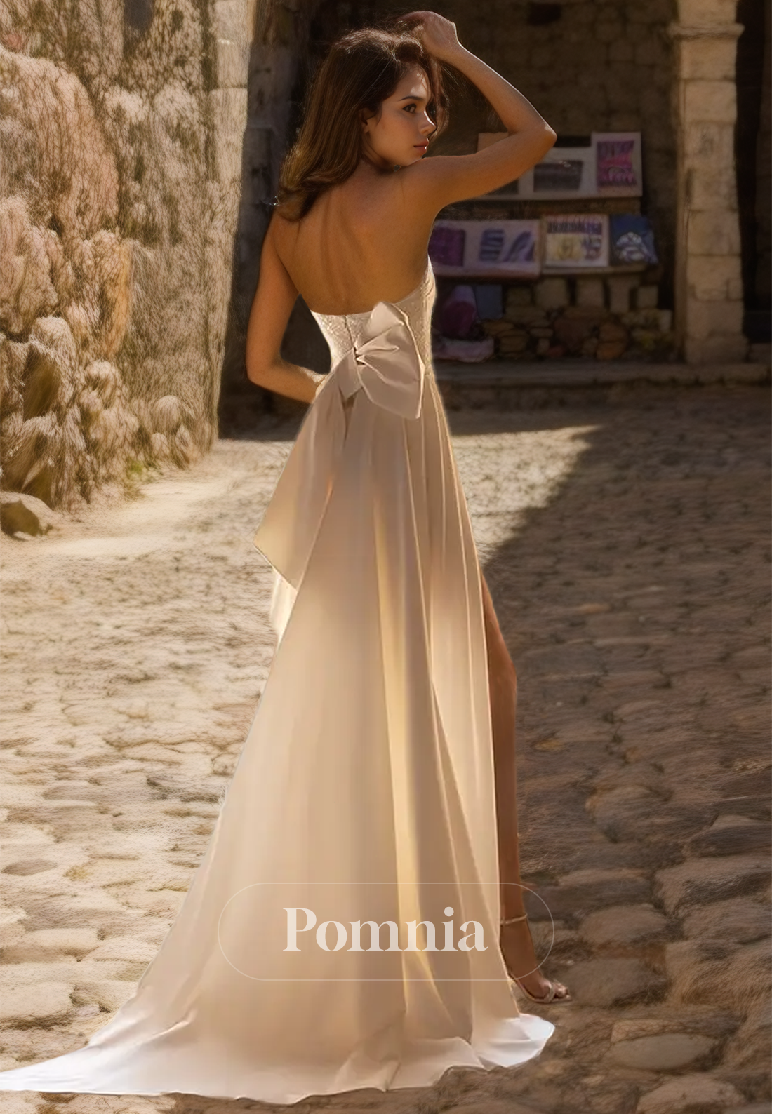 Mermaid Strapless Sleeveless Ruched Side Slit Satin Wedding Dress