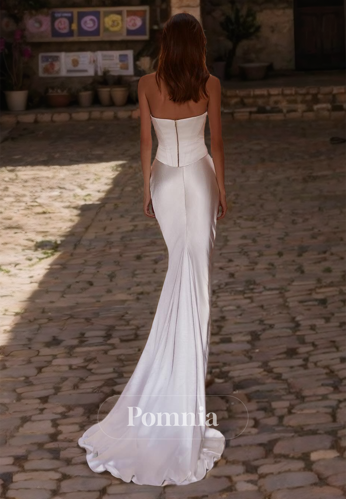 Simple Strapless Sleeveless Ruched Satin Mermaid Wedding Dress