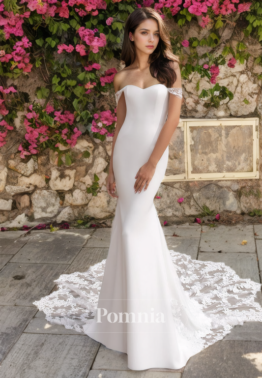 Charming Sheath Off-Shoulder Backless Court Train Satin Wedding Dress