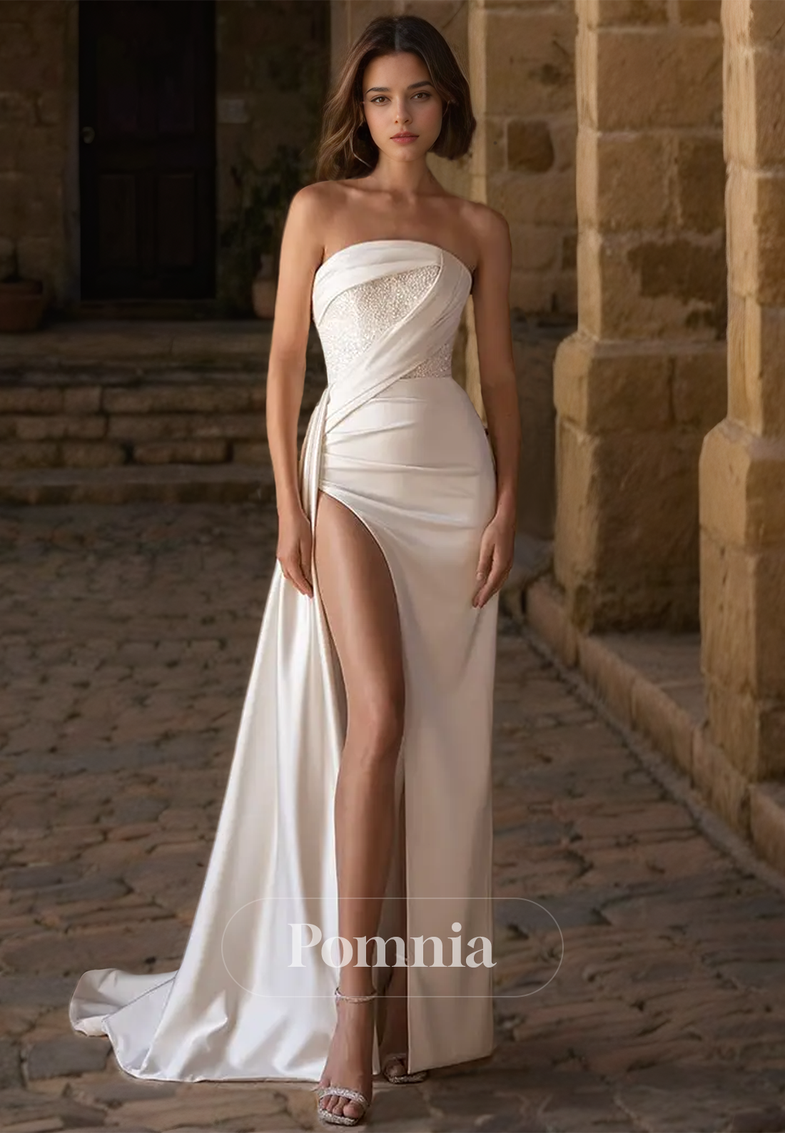 Mermaid Strapless Sleeveless Ruched Side Slit Satin Wedding Dress