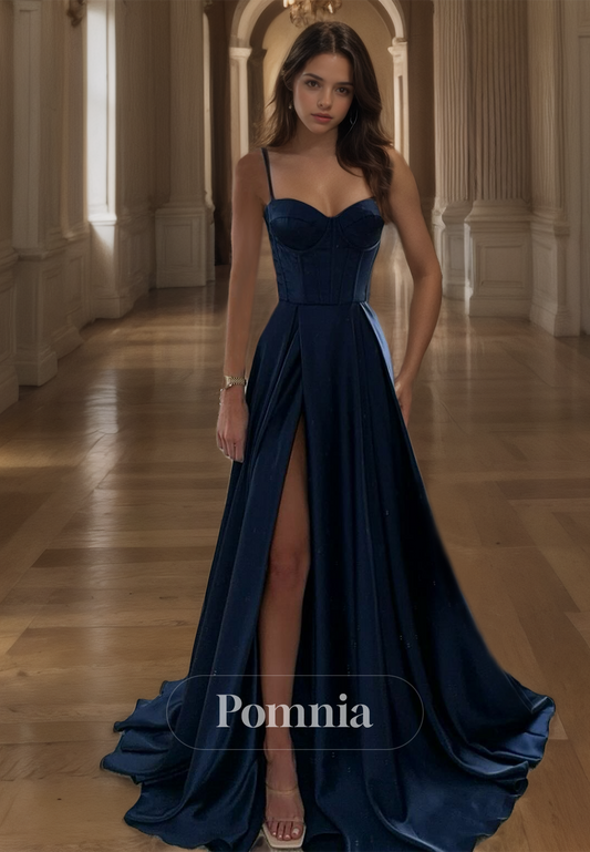 Dark Navy Spaghetti Straps Sweetheart Evening Dress with Side Slit Prom Party Dress