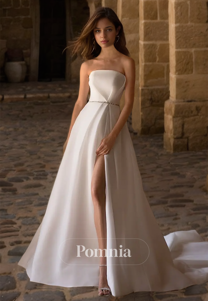 Charming Strapless Sleeveless Court Train Side Slit Satin Wedding Dress