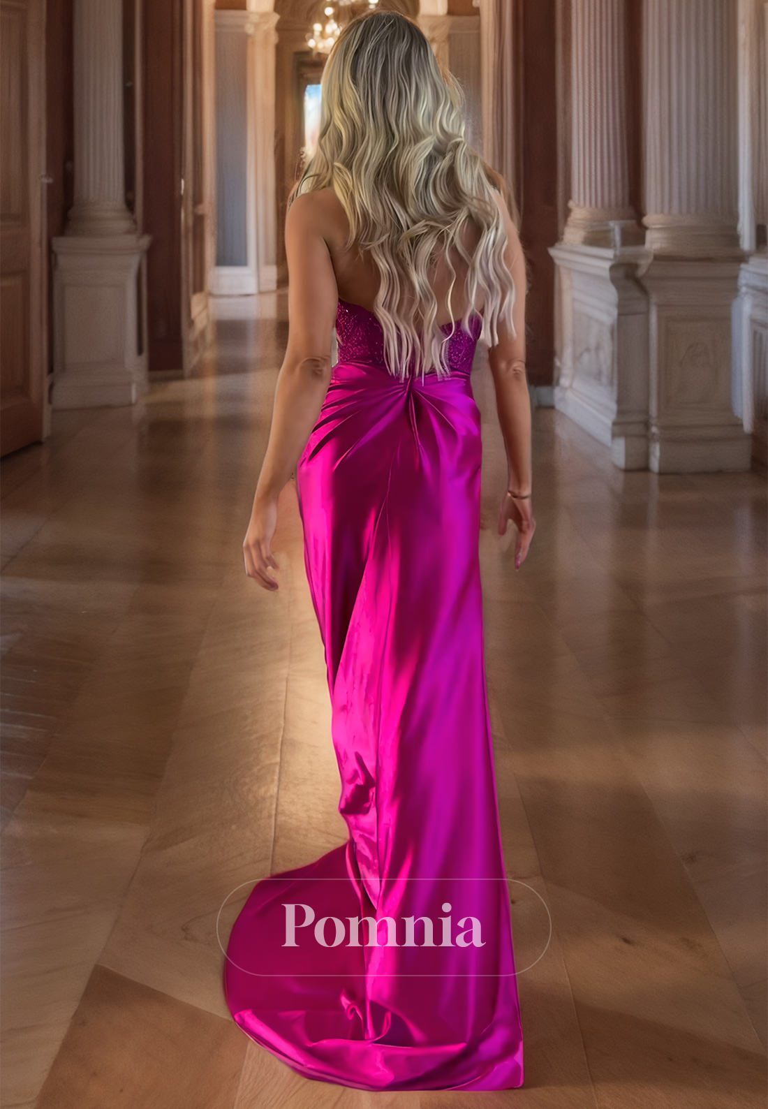 Lace Halter V-Neck Sexy Backless Prom Dress with Split  Fuchsia Ruched  Party Dress