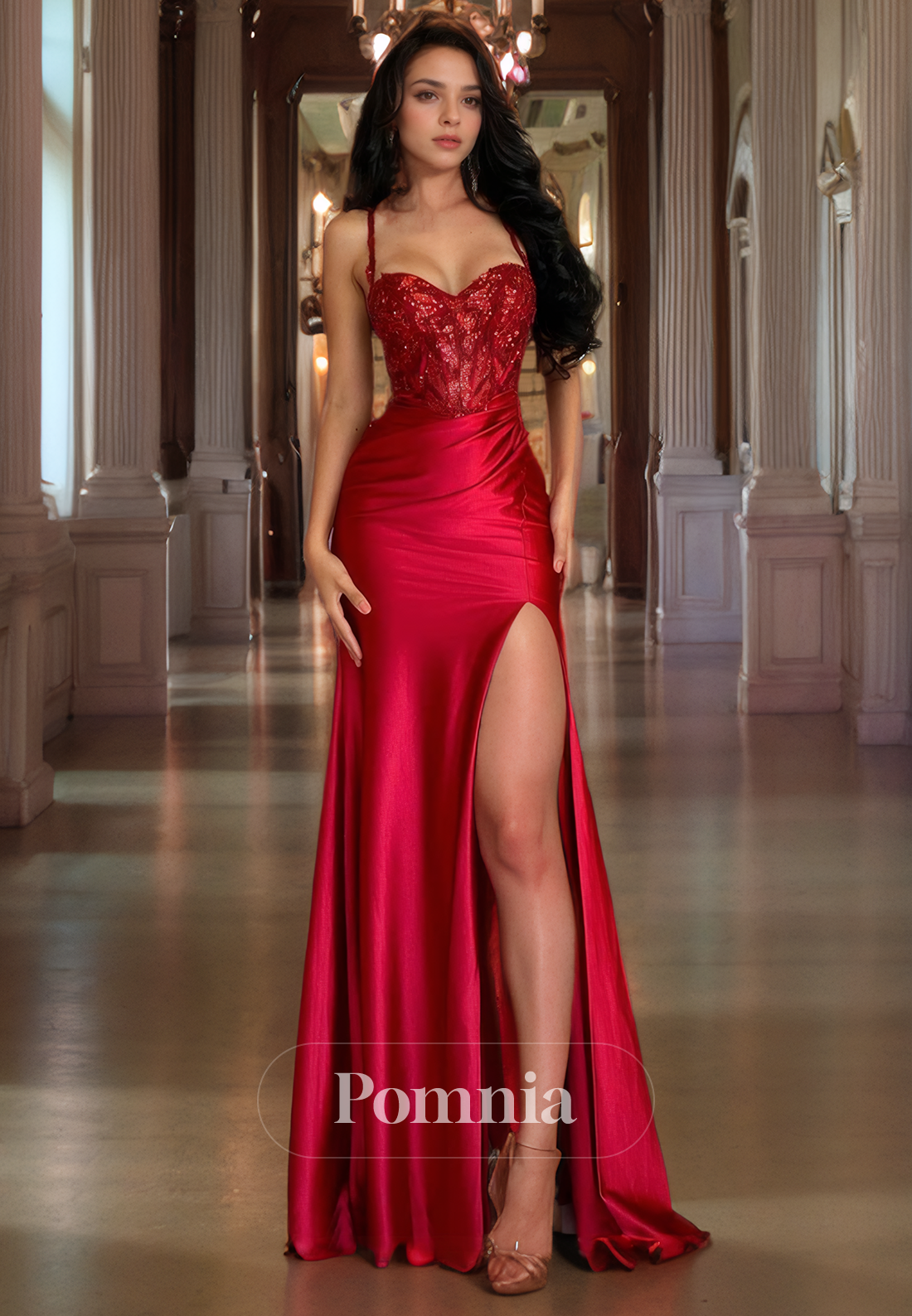 P1577 - Sheath Straps Sweetheart Appliques High Split Pleats Prom Evening Formal Dress