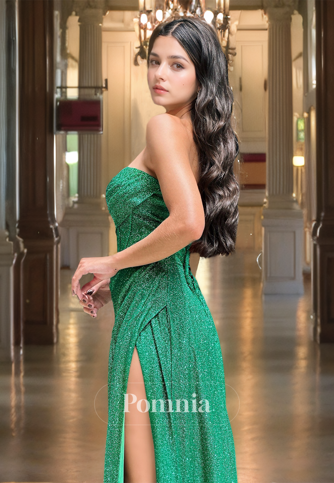 Charming Strapless Sleeveless Prom Dress with Slit Ruched Sequins Evening Party Dress