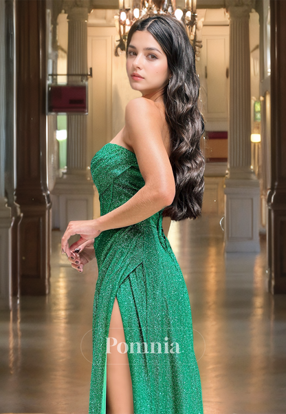 Charming Strapless Sleeveless Prom Dress with Slit Ruched Sequins Evening Party Dress