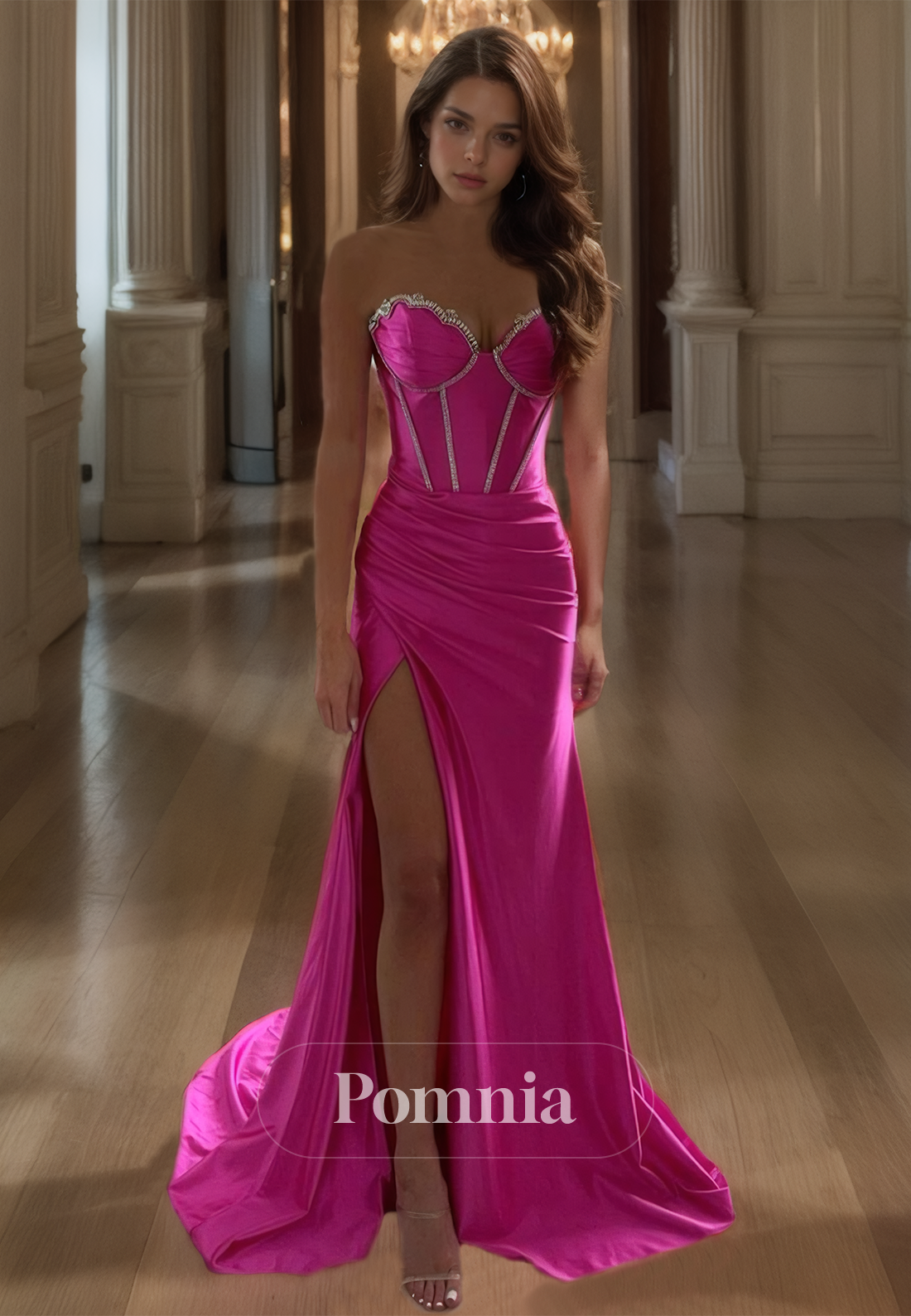 Fuchsia Strapless Floor-Length Satin Formal Prom Dress with Side Slit Ruched Party Evening Dress