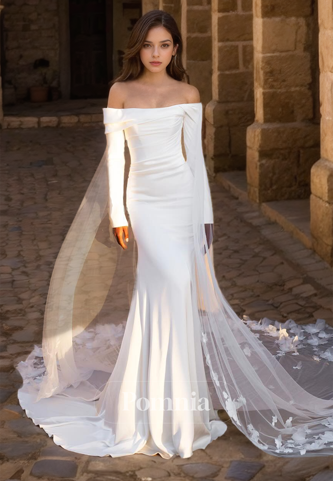 Long Sleeves Off-Shoulder Ruched Sweep Train Satin Wedding Dress